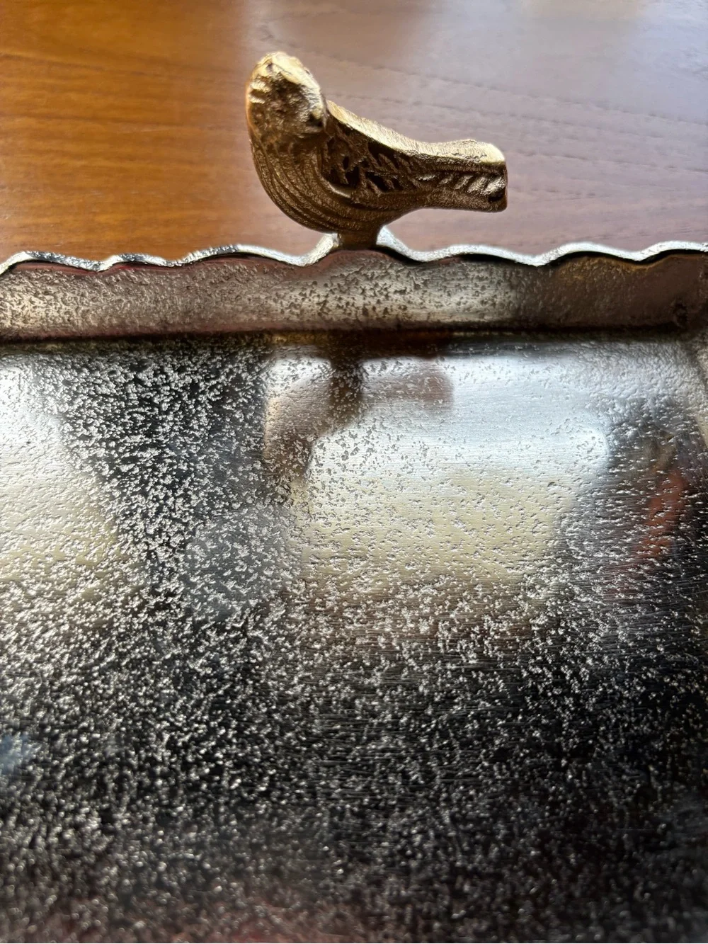 Silver and Gold Rectangular Vanity Tray with Ornate Handles Bird Detail EUC